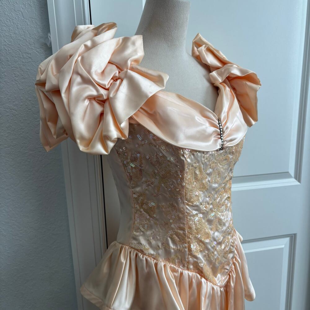 Vtg 90s Zum Zum Prom Dress 11/12 Peach Pink Sequin Peplum Puff Sleeve ILGWU USA - Picture 8 of 16